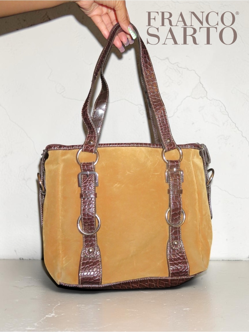 Franco Sarto Butter Suede Crocodile Trim Shoulder Bag | Y2K
